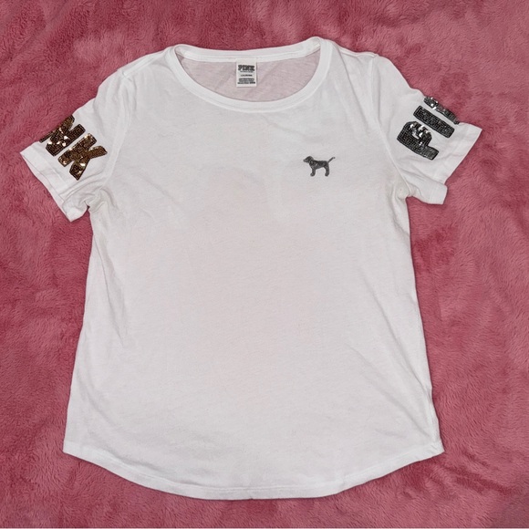 Victoria's Secret PINK White Tee with Bling Sequin Dog Accents - Picture 3 of 6